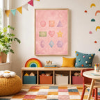 The framed pastel shapes poster is displayed above a low wooden storage unit filled with colorful bins.