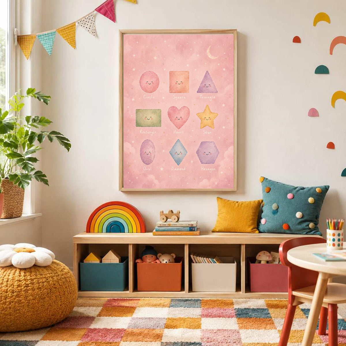 The framed pastel shapes poster is displayed above a low wooden storage unit filled with colorful bins.