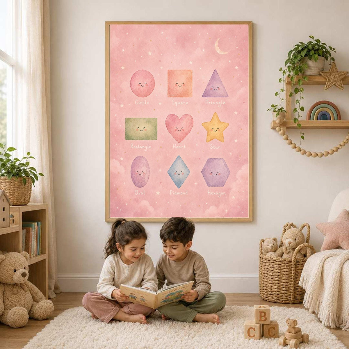 Two young children sit on a white rug reading a book below the framed pastel shapes poster.