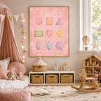 The watercolor shapes wall art is displayed in a cozy nursery above a white storage bench.