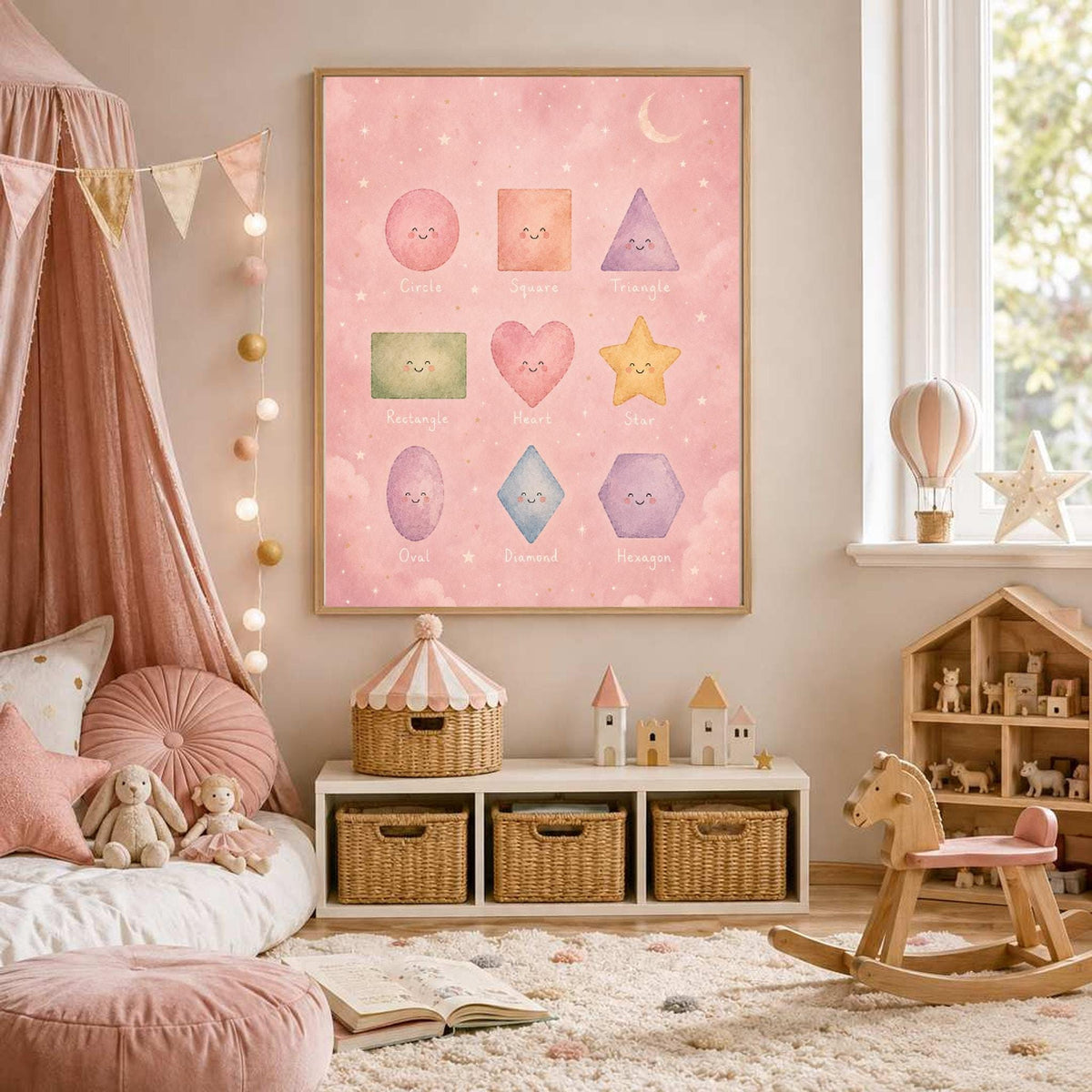 The watercolor shapes wall art is displayed in a cozy nursery above a white storage bench.
