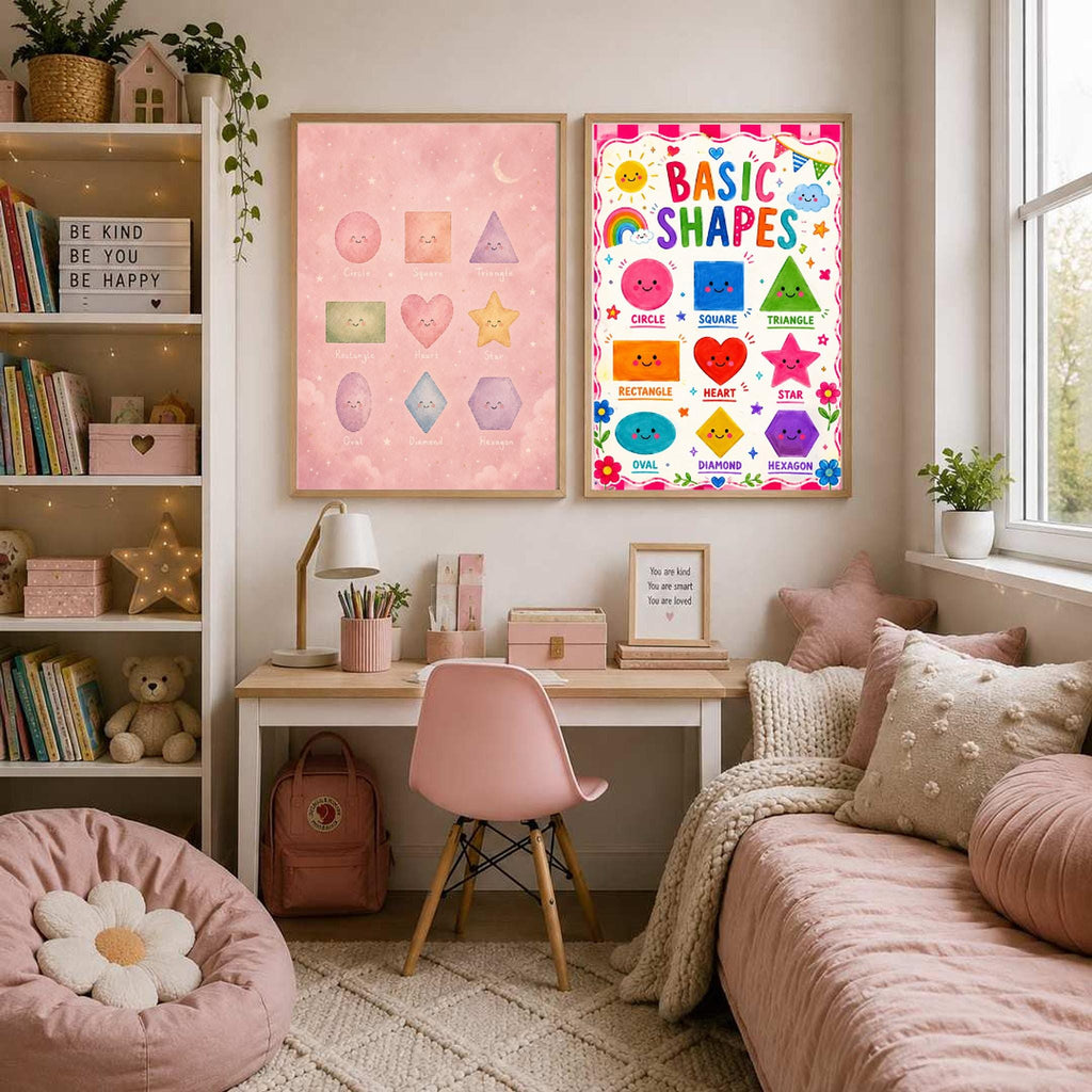 A pair of educational shapes posters are mounted on the wall above a child's desk and pink armchair.