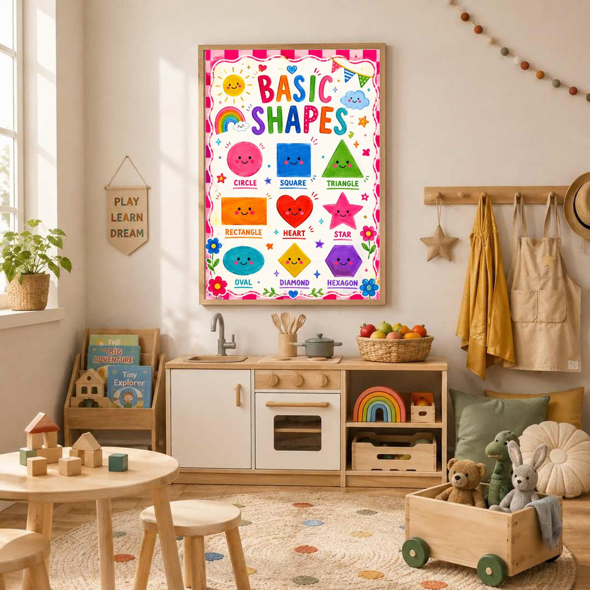 A framed basic shapes educational poster hangs on a playroom wall above a toy kitchen set and wooden table.