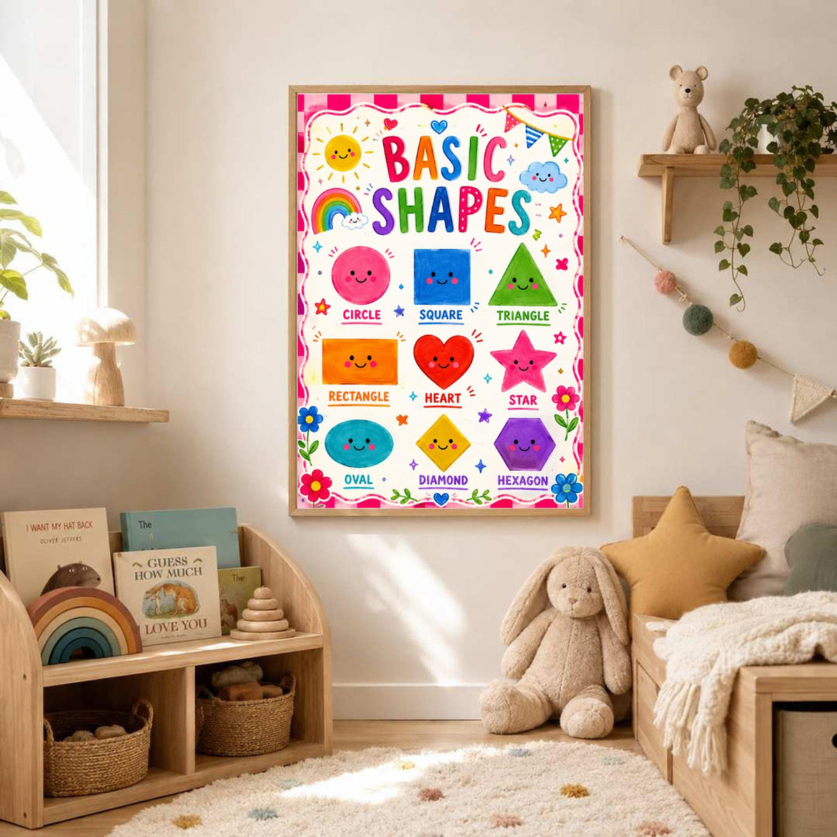 A framed colorful basic shapes chart is mounted on a bedroom wall beside a child's bed and toy shelving unit.