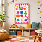 A framed basic shapes poster hangs above a low wooden storage unit in a bright, colorful children's playroom.