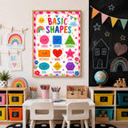 A basic shapes poster is displayed on a wall between a chalkboard with drawings and a children's arts and crafts table.