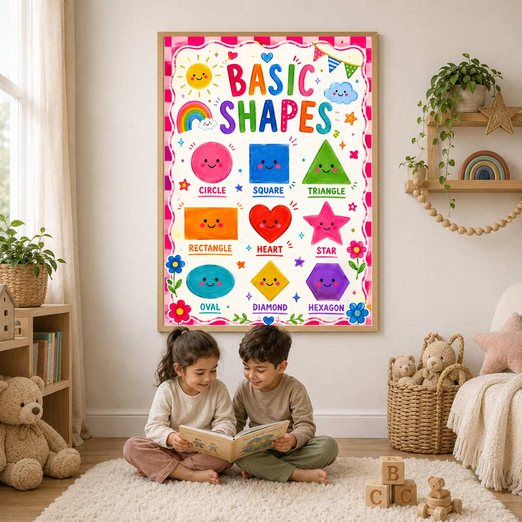 Two young children sit on a white rug reading a book below a framed basic shapes educational poster.