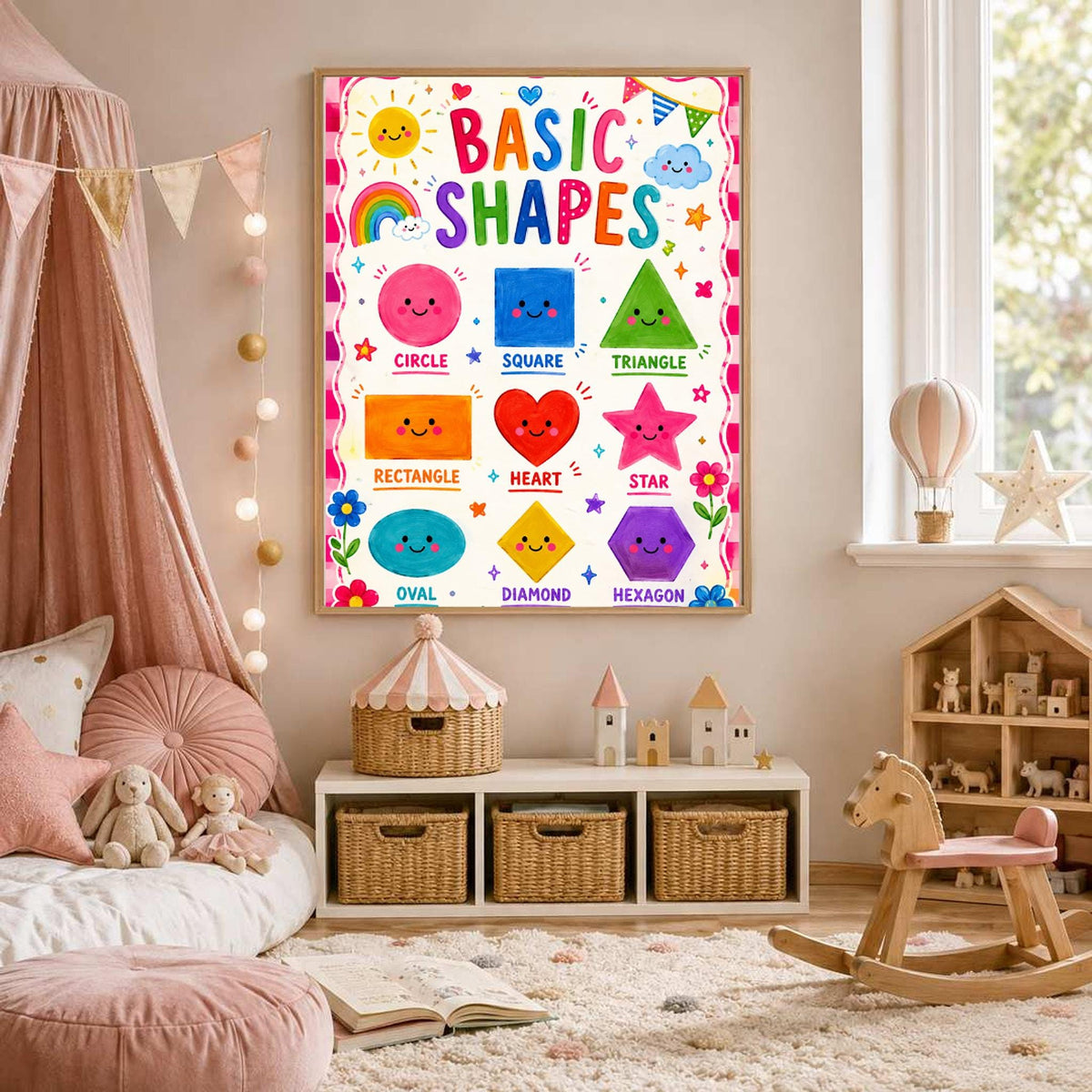 A basic shapes wall poster hangs in a nursery with a pink canopy bed and wooden rocking horse.