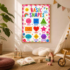 A framed basic shapes poster is centered on a light neutral wall in a playroom with toys on the rug.