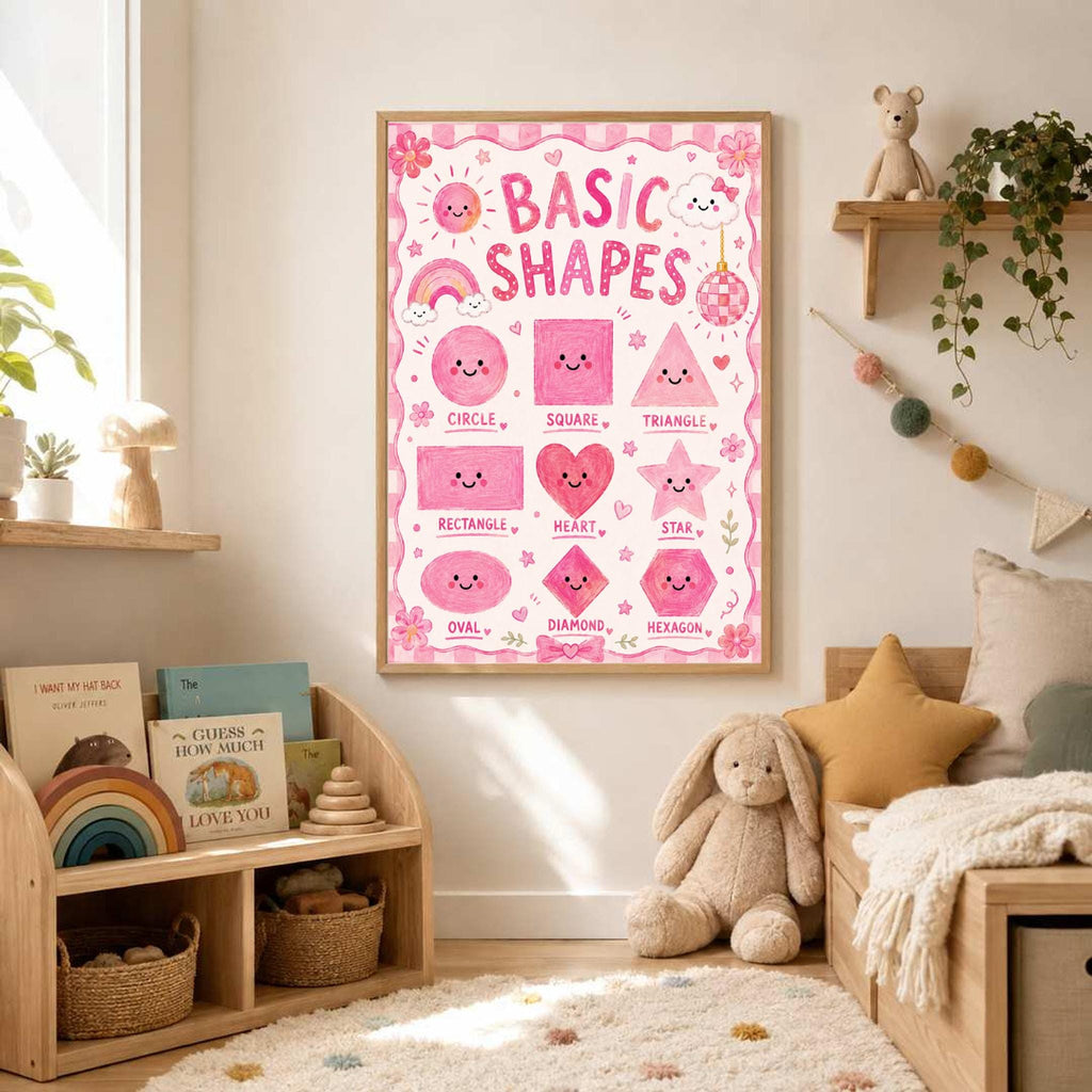 A framed pink basic shapes poster hangs on a wall in a child bedroom with a wooden bed, plush toys, and a bookshelf.