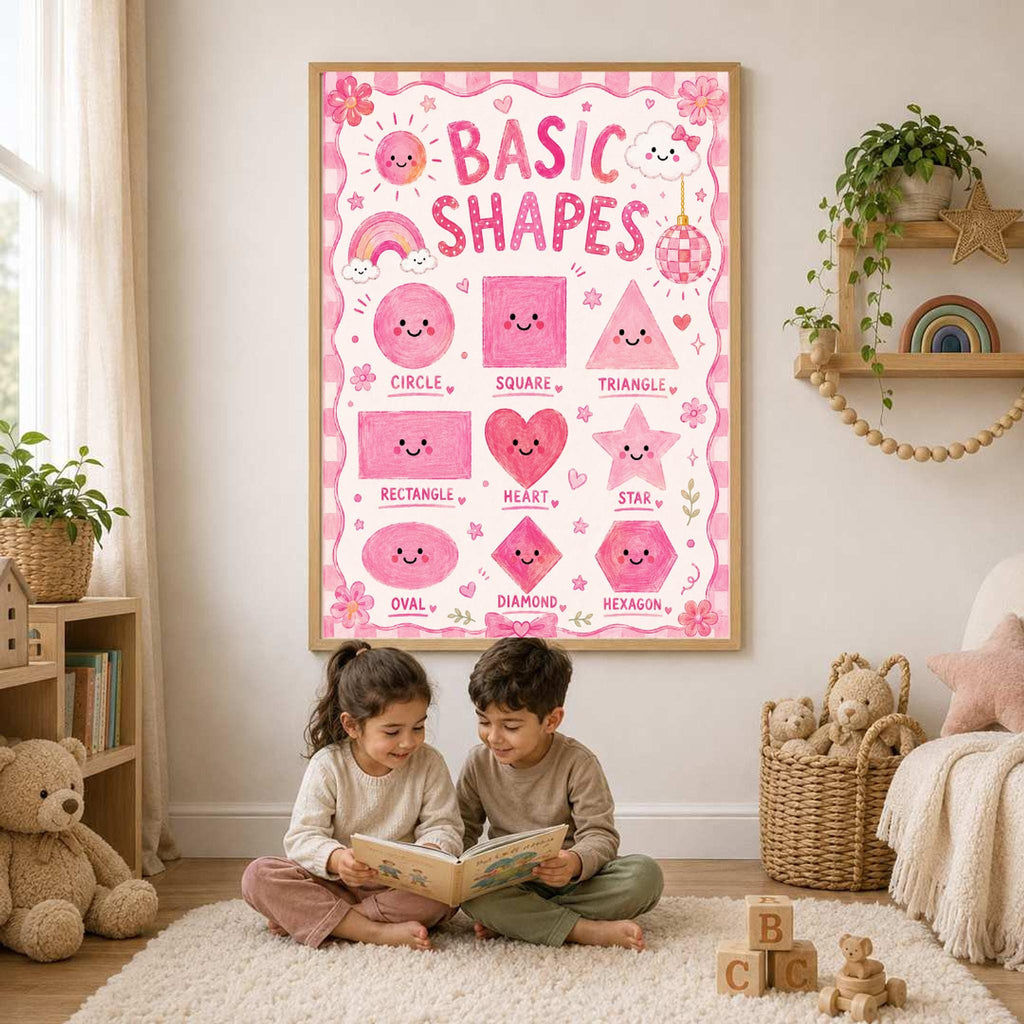 A boy and a girl sit on a white rug reading a book below a framed pink basic shapes poster hung on a bedroom wall.