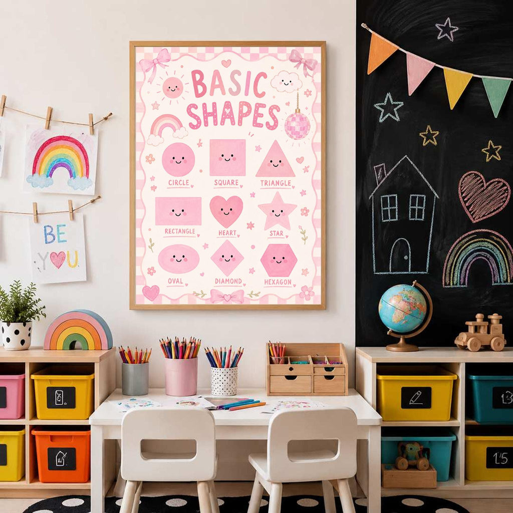 A pink Basic Shapes educational poster in a wooden frame hangs centered above a childrens art table and chalkboard wall.