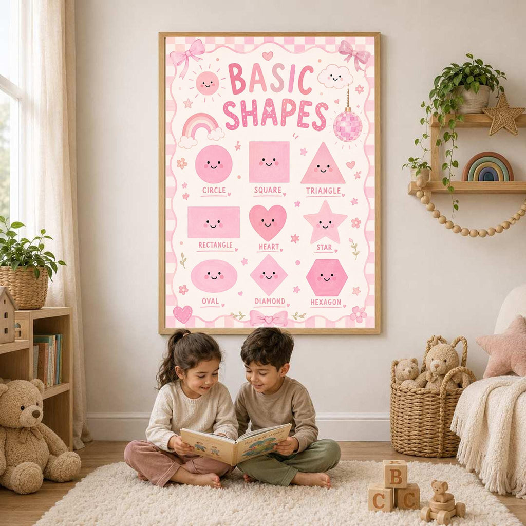 Two young children sit on a rug reading a book below a framed pink Basic Shapes poster hanging on the wall.