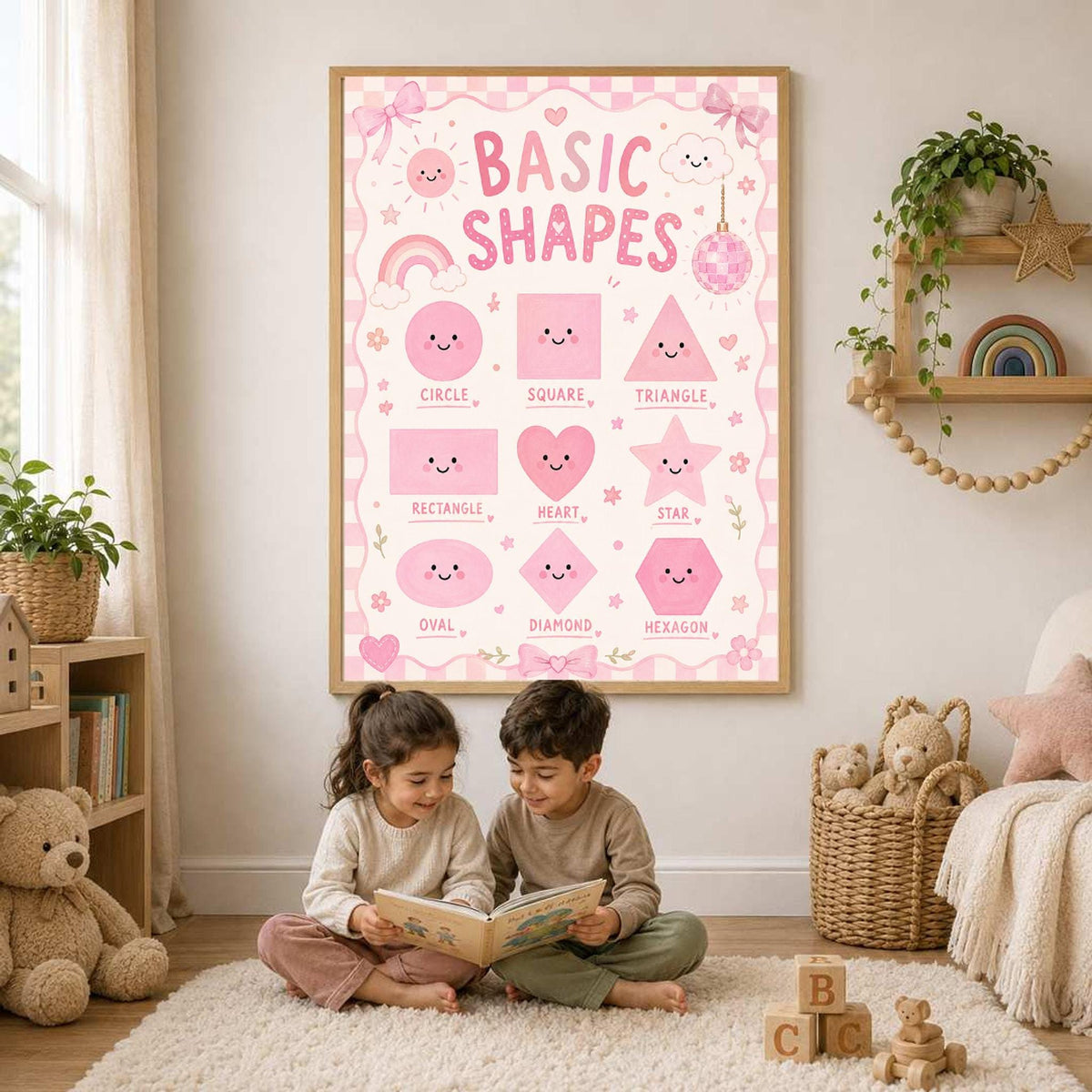 Two young children sit on a rug reading a book below a framed pink Basic Shapes poster hanging on the wall.