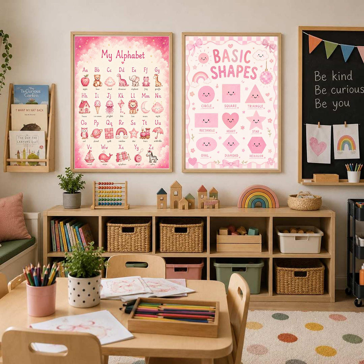 Two educational posters featuring the alphabet and basic shapes hang above a storage shelf and desk in a playroom.
