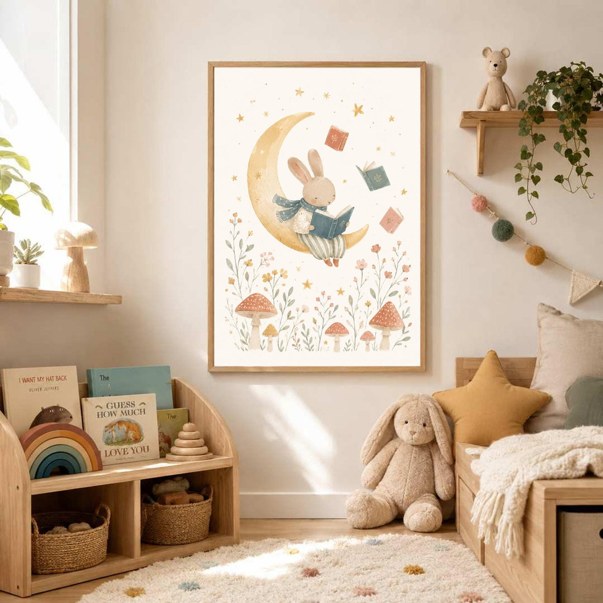 A framed watercolor print of a bunny on the moon is displayed on a wall above a child toy shelf and bed.