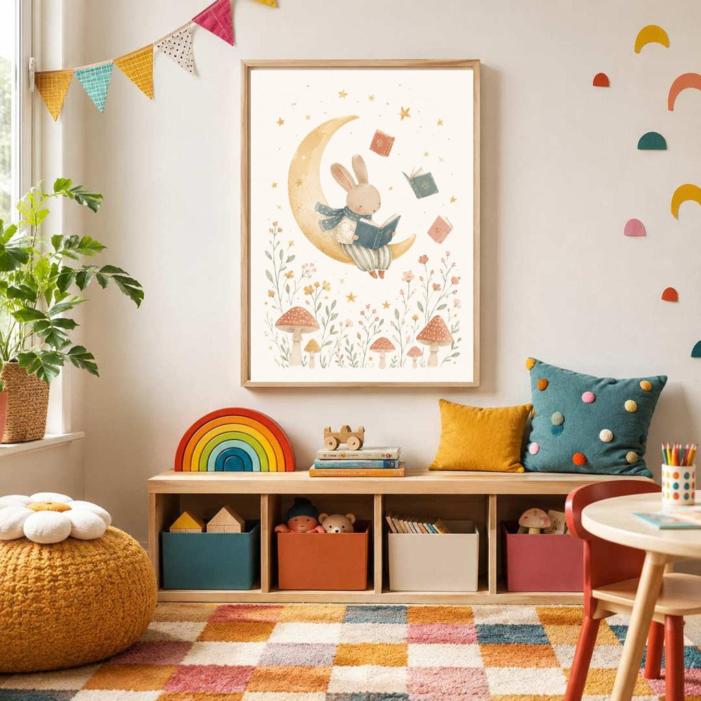 A framed watercolor print depicting a bunny reading on a crescent moon is centered above a low wooden storage unit in a playroom.