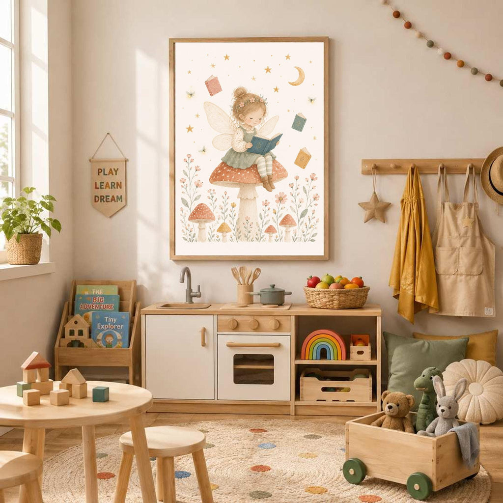 A framed watercolor print of a fairy reading a book on a mushroom hangs above a wooden play kitchen in a child room.