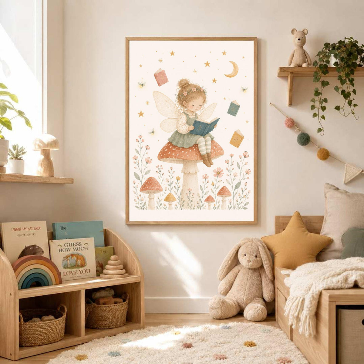 A framed fairy reading on a mushroom print displayed above a child toy shelf and bed.