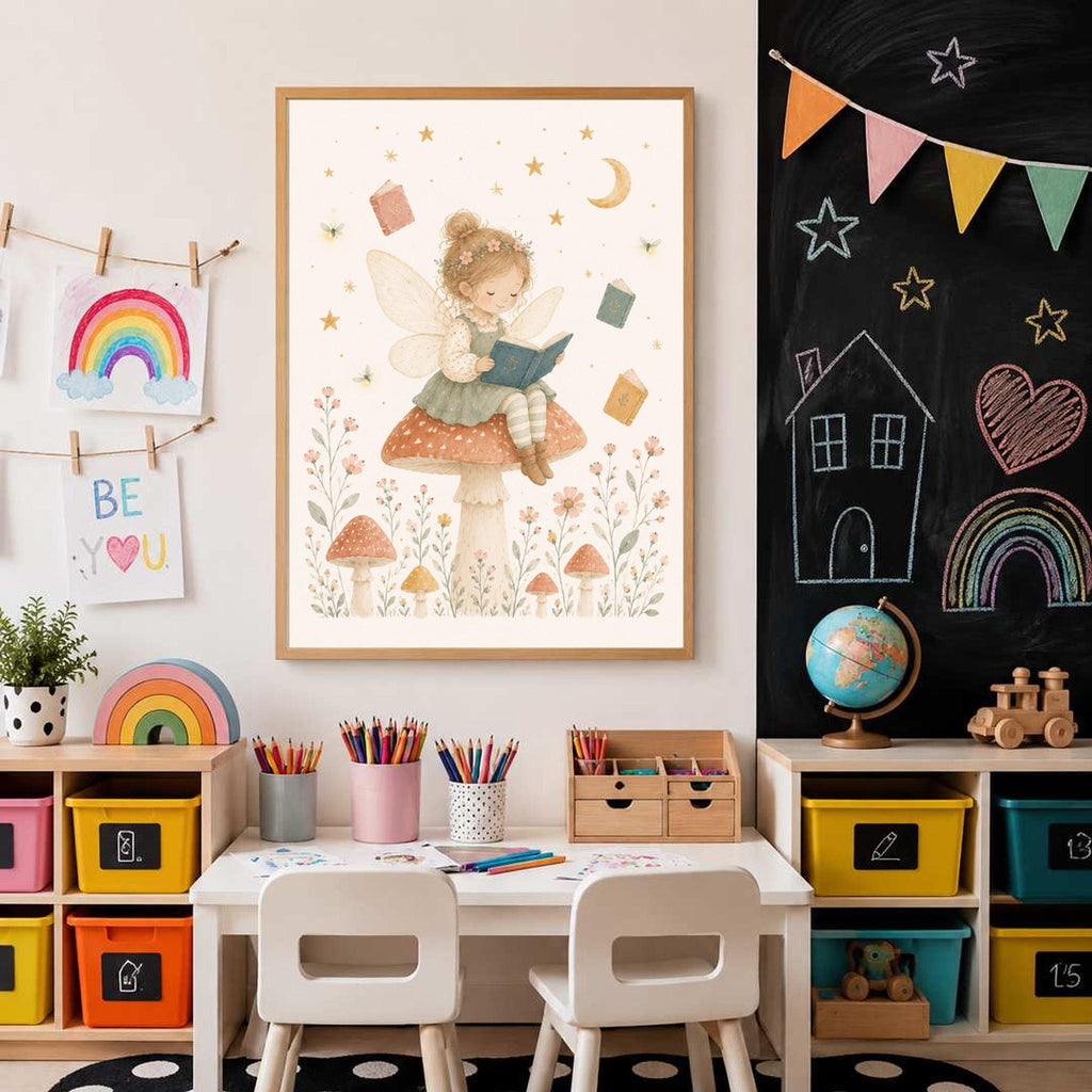 A framed fairy art print centered above a child art table with a chalkboard wall in the background.