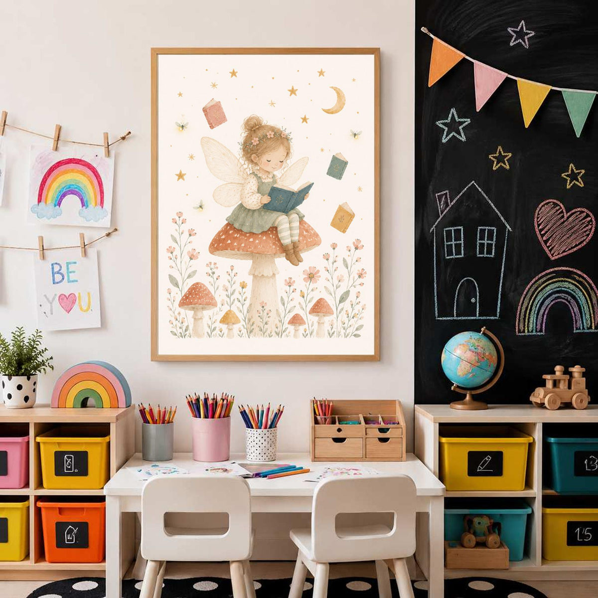 A framed fairy art print centered above a child art table with a chalkboard wall in the background.