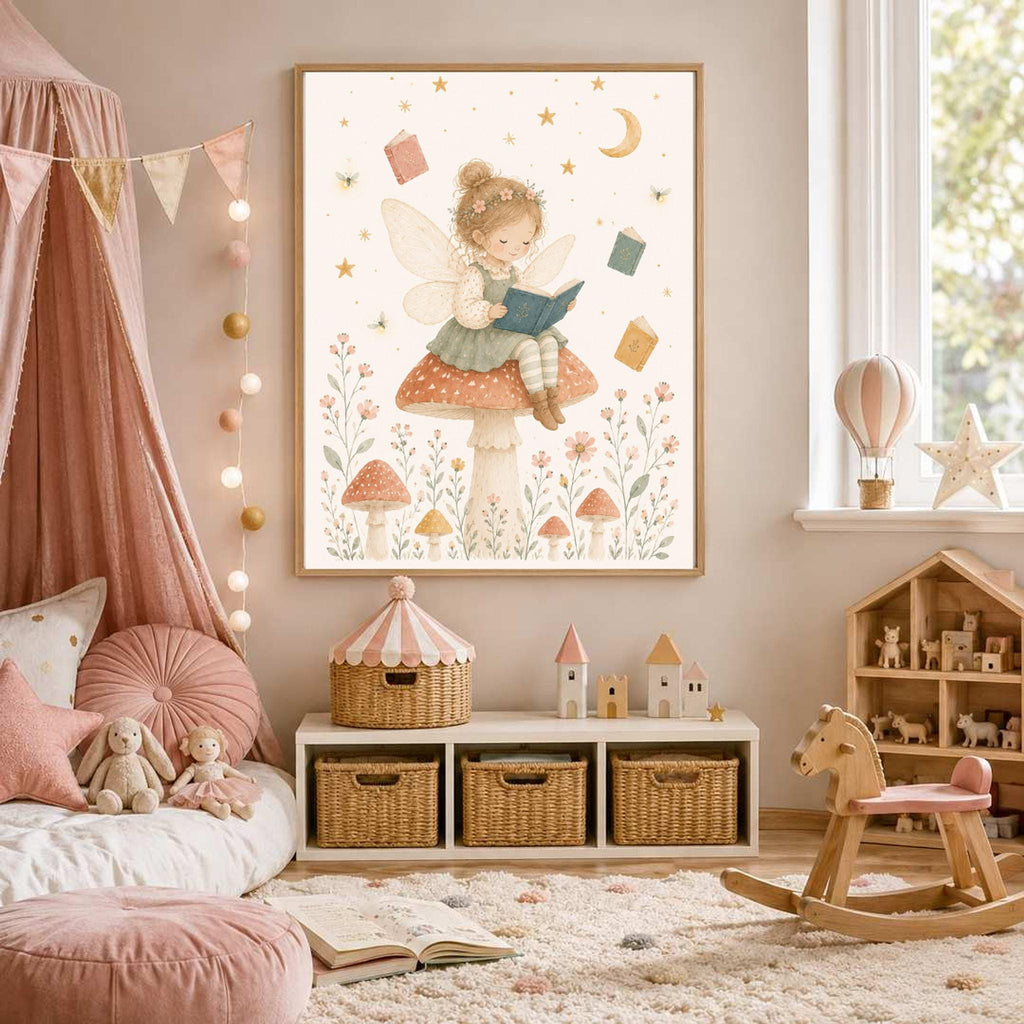 A framed fairy watercolor print hanging on the wall of a child room near a pink canopy bed and wooden toys.