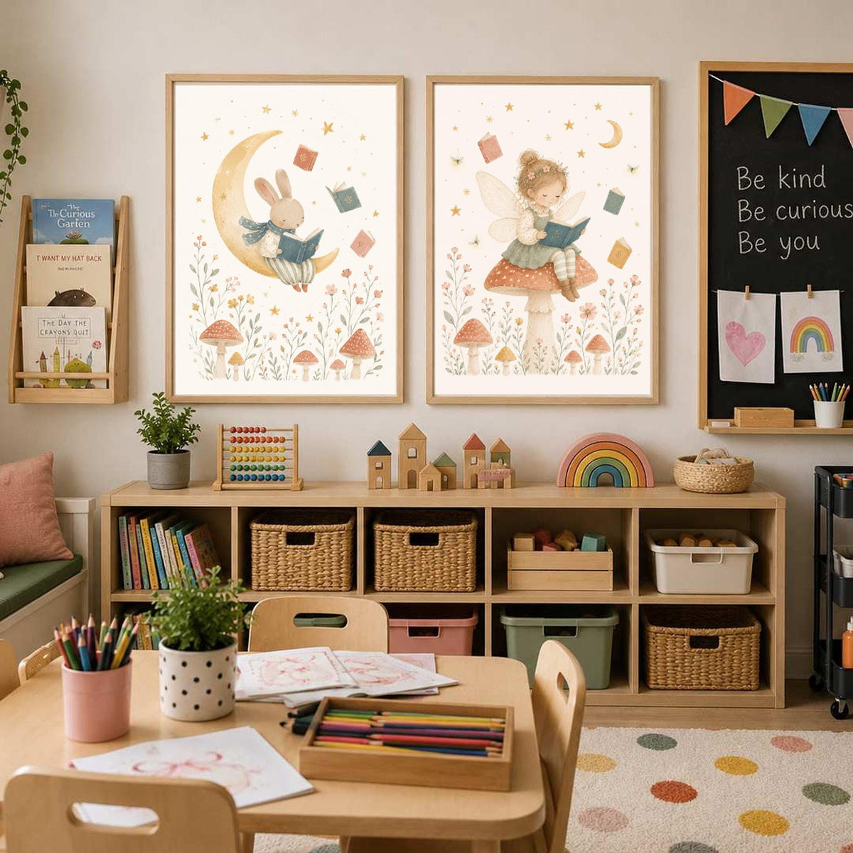 Two framed watercolor prints of a rabbit on a moon and a fairy on a mushroom displayed above a shelving unit.
