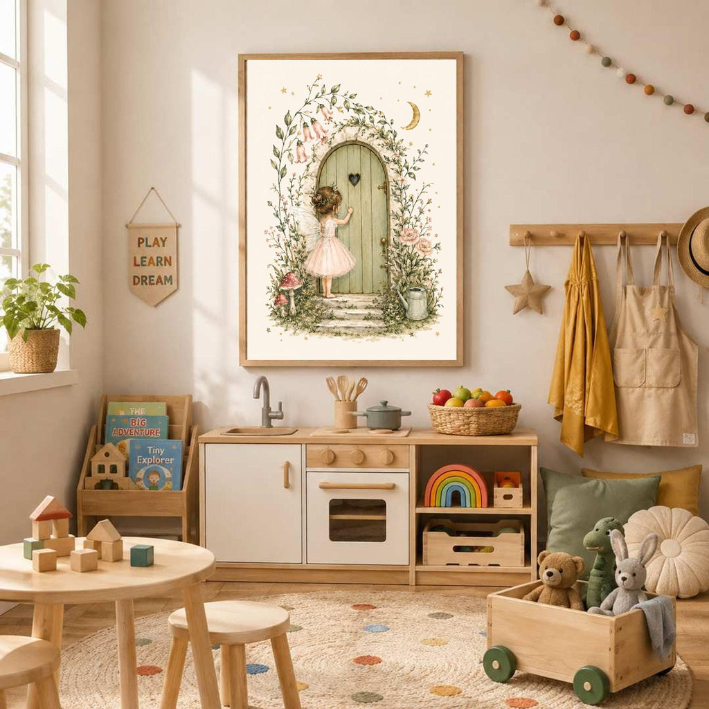 Framed watercolor print of a fairy at a garden door hanging in a children playroom with a wooden kitchen set and toys.