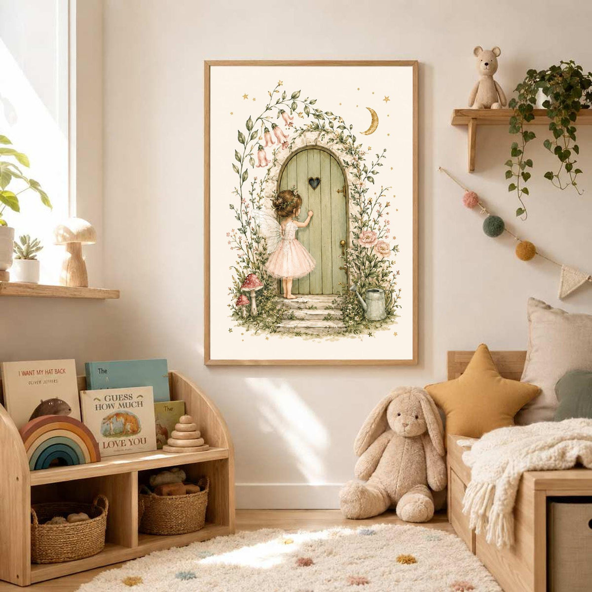 Framed watercolor print of a fairy at a garden door displayed above a wooden toy shelf in a child room.