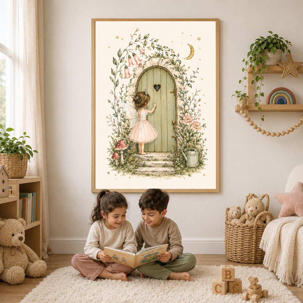 Two children sitting on a white rug reading a book beneath a framed fairy watercolor print on the wall.
