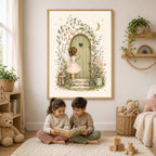 Two children sitting on a white rug reading a book beneath a framed fairy watercolor print on the wall.