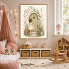 Framed watercolor print of a fairy at a wooden door hanging in a nursery with a canopy bed and a rocking horse.