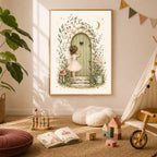 Framed fairy watercolor print hanging on a neutral wall in a children playroom with a play tent and open book on the rug.