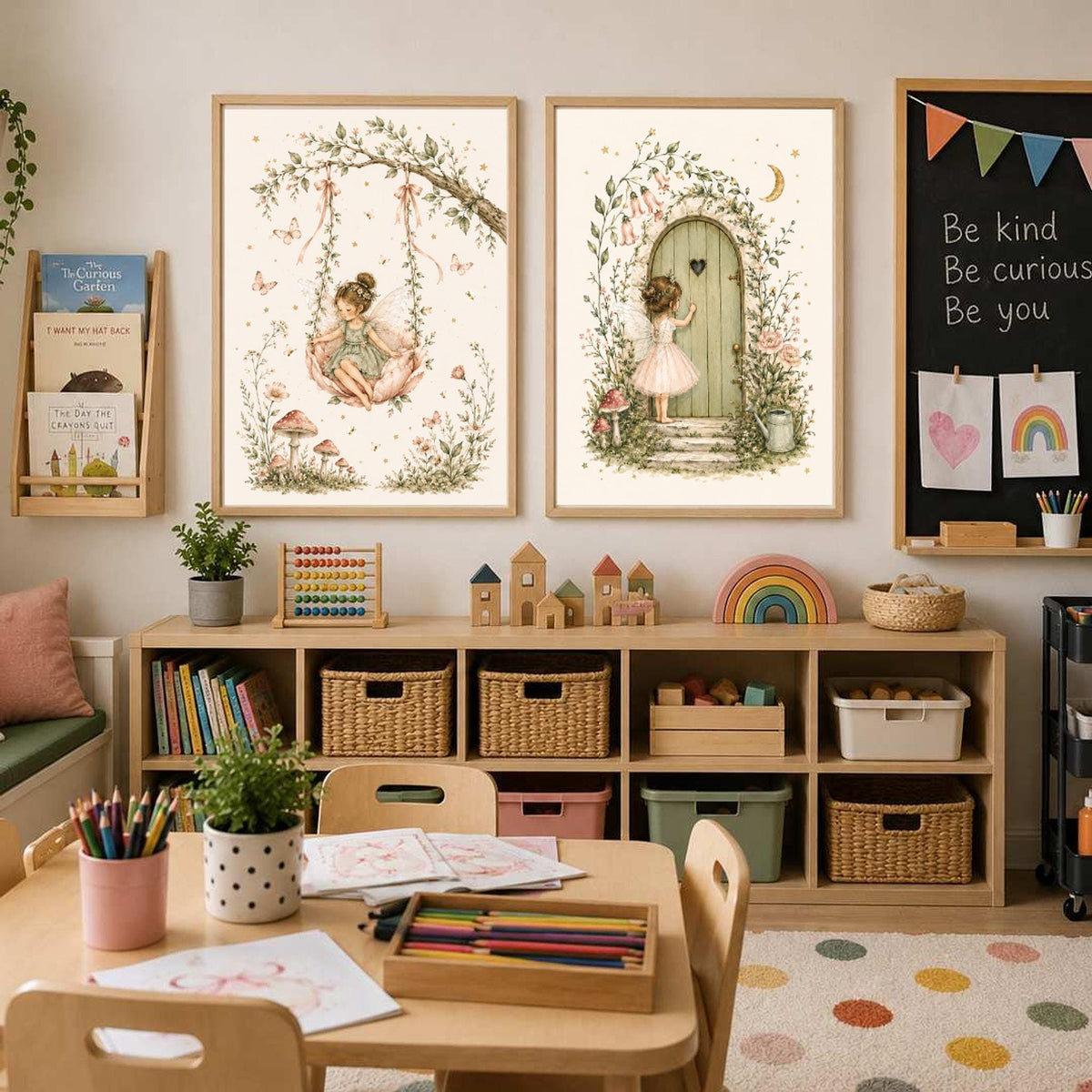 Two framed watercolor fairy prints hanging above a storage unit filled with books and baskets in a colorful playroom.