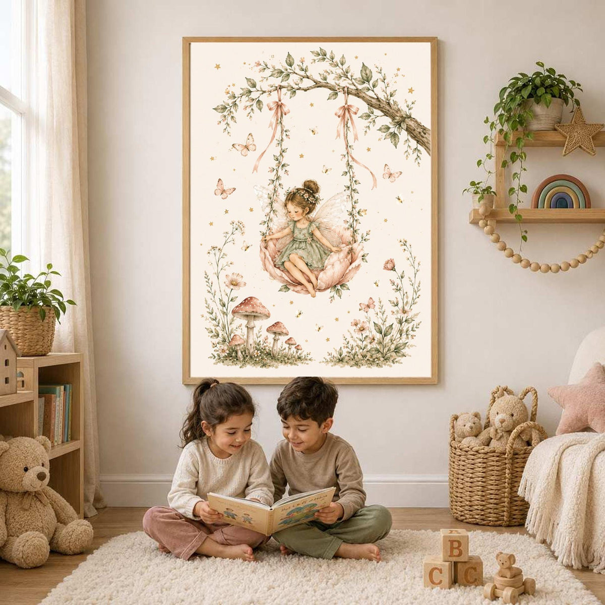 A framed illustration of a fairy on a swing displayed above two young children reading a book together on a white rug.