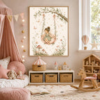 A framed fairy print hanging in a pink-themed nursery above a cube storage shelf and rocking horse.