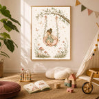 A framed watercolor print of a fairy on a swing showcased in a playroom with a teepee tent and children's books on the floor.