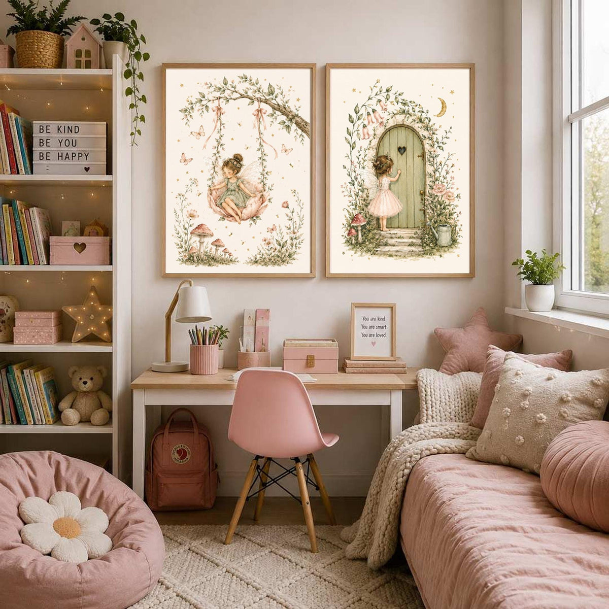 Two framed fairy prints displayed above a desk and pink chair in a pastel-themed girl's bedroom.