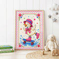 Colourful children's nursery wall print featuring a cute illustrated duck wearing pink polka dot boots and hat while riding a skateboard, surrounded by flowers, stars and a decorative pink border.