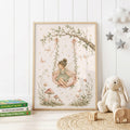 Whimsical nursery wall print featuring a fairy girl sitting on a floral swing hanging from a tree branch, surrounded by butterflies, flowers, mushrooms and soft neutral woodland details.