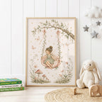 Whimsical nursery wall print featuring a fairy girl sitting on a floral swing hanging from a tree branch, surrounded by butterflies, flowers, mushrooms and soft neutral woodland details.