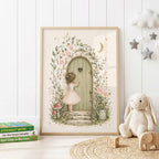Whimsical nursery wall print featuring a fairy girl standing at a magical woodland door, surrounded by flowers, leaves, mushrooms, soft stars and a crescent moon in blush and sage tones.