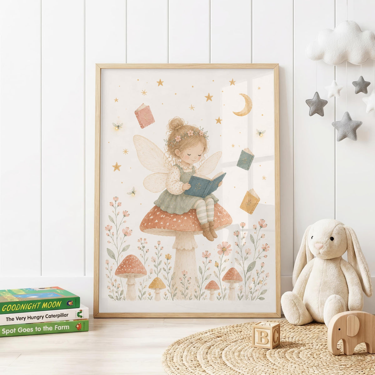 Whimsical nursery wall print featuring a fairy girl reading a book while sitting on a mushroom, surrounded by flowers, floating books, golden stars, a crescent moon and soft woodland details.