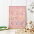 Pastel educational shapes nursery print featuring smiling circle, square, triangle, rectangle, heart, star, oval, diamond and hexagon shapes on a soft pink background with stars, clouds and a crescent moon.