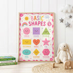 Colourful educational shapes nursery print featuring smiling circle, square, triangle, rectangle, heart, star, oval, diamond and hexagon shapes with a rainbow, sunshine, clouds, flowers and pink disco ball.