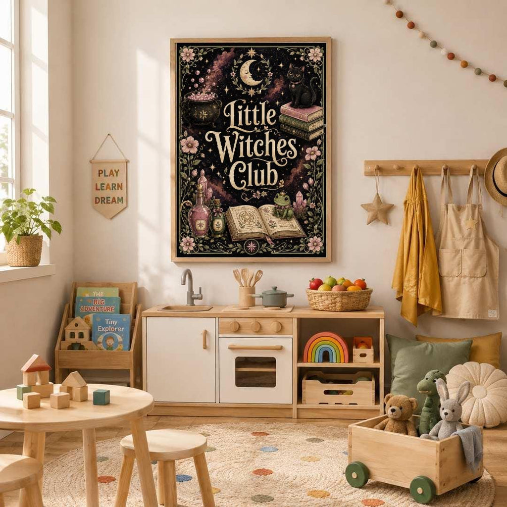 Witch Nursery Print, Little Witches Club Wall Art, Magical Girls Bedroom Decor, Celestial Witchy Kids Print, A4 A3