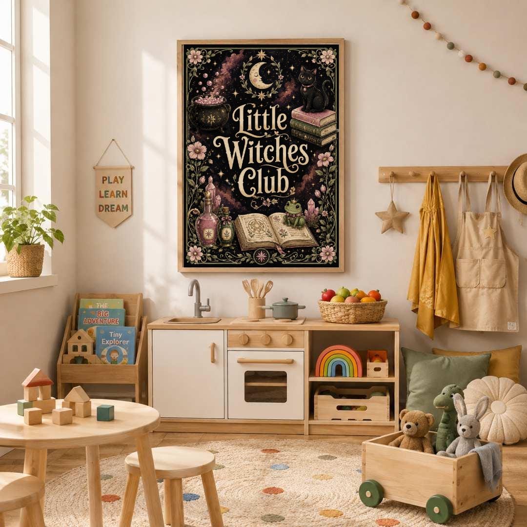 Witch Nursery Print, Little Witches Club Wall Art, Magical Girls Bedroom Decor, Celestial Witchy Kids Print, A4 A3