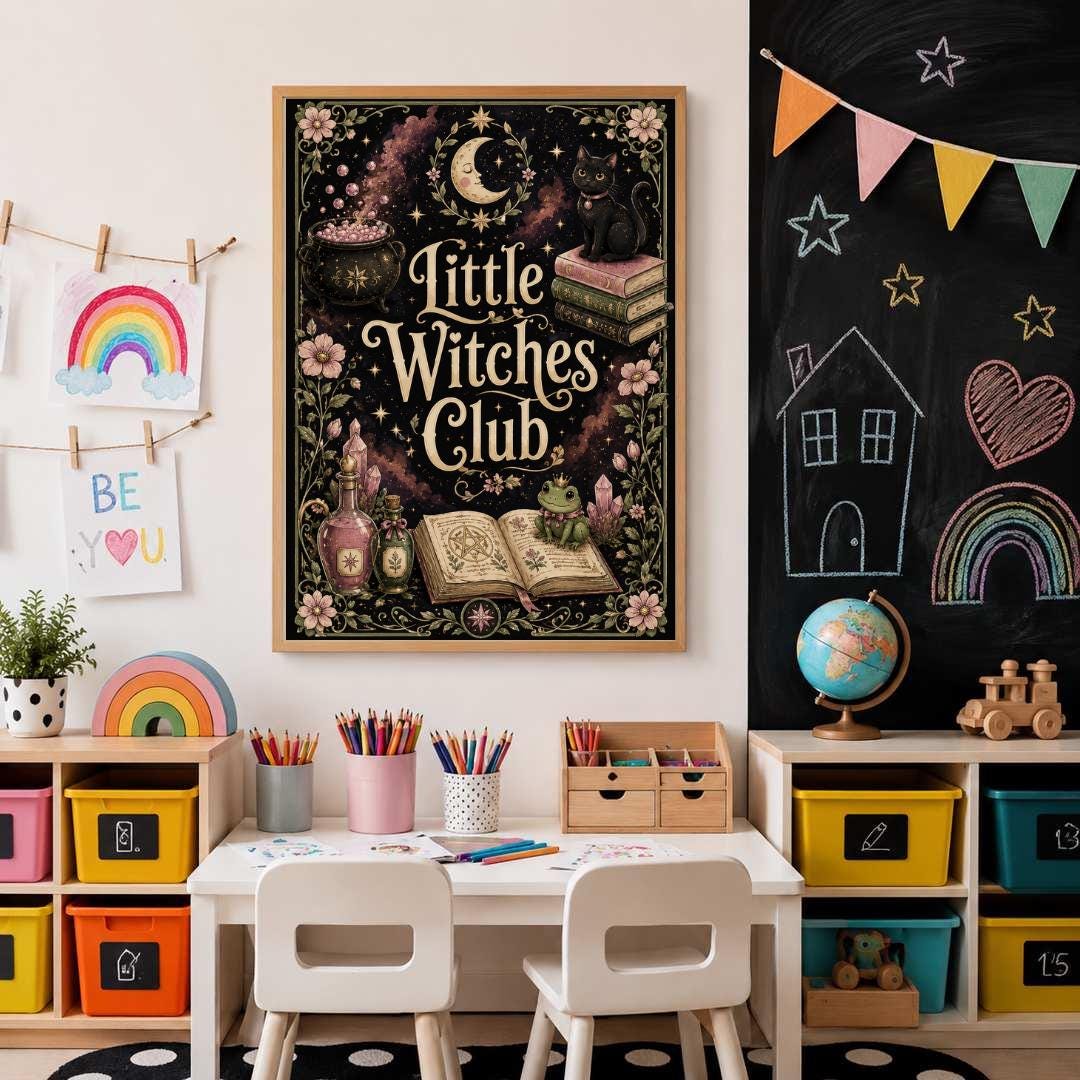 Witch Nursery Print, Little Witches Club Wall Art, Magical Girls Bedroom Decor, Celestial Witchy Kids Print, A4 A3
