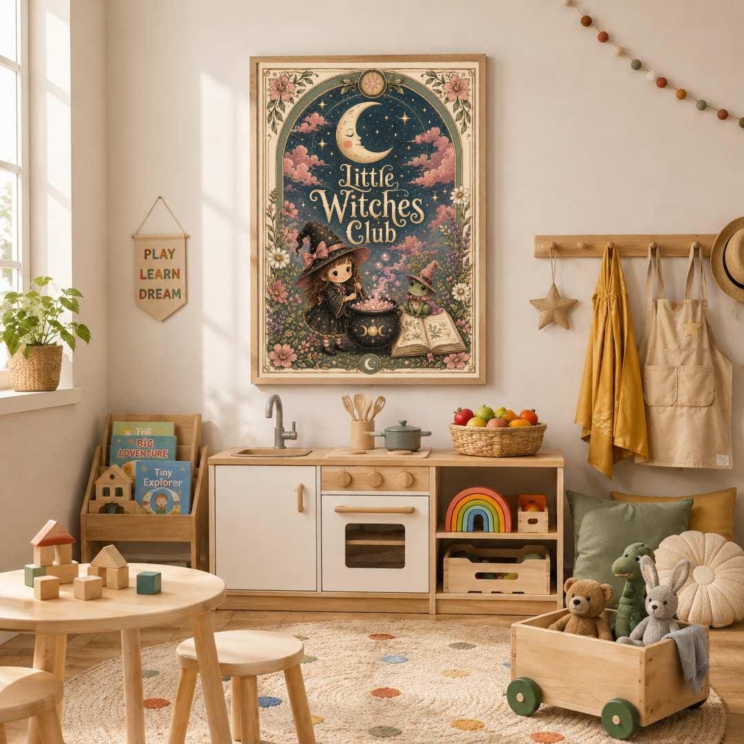 Little Witches Club Nursery Print, Witch Girl Wall Art, Magical Kids Room Decor, Pink Floral Celestial Print, A4 A3