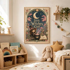 Little Witches Club Nursery Print, Witch Girl Wall Art, Magical Kids Room Decor, Pink Floral Celestial Print, A4 A3